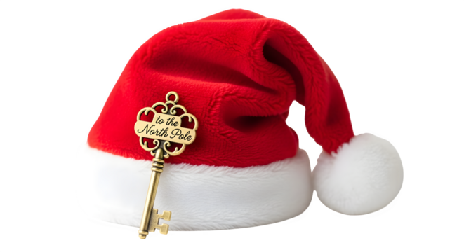 A santa hat with a key to the north pole isolated on transparent background, symbolizing holiday magic and christmas wonder - Powered by Adobe