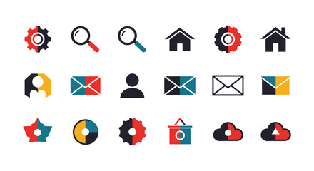Collection of colorful web elements depicting common functions like search, home, email, and settings for website navigation and user interface design.