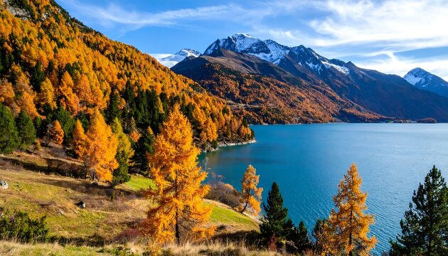 A vibrant lakeside vista with golden autumn foliage, snow-capped mountains, and a clear, blue sky reflecting in the water