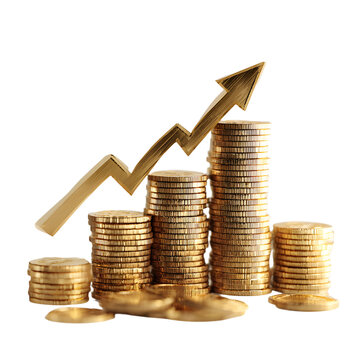 Stacks of Coins with Upward Arrow Symbolizing Financial Growth.