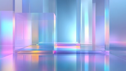 An ultra-clean background softly glowing holographic gradients diffused across frosted glass panels creating prismatic reflections and subtle depth