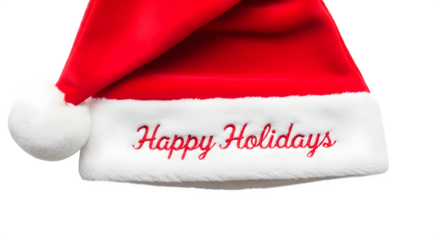 Festive santa hat with happy holidays message isolated on transparent background for christmas celebration and holiday season
