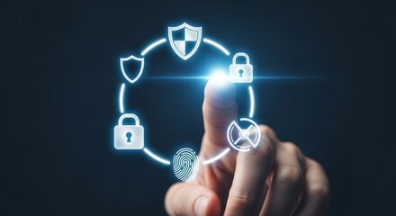 Finger pressing futuristic security interface, digital protection with data privacy tech