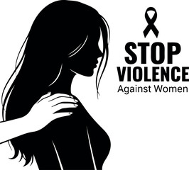 Vector silhouette of a woman with hand on her shoulder and a stop violence against women message icon