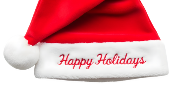 Festive santa hat with happy holidays message isolated on transparent background for christmas celebration and holiday season - Powered by Adobe