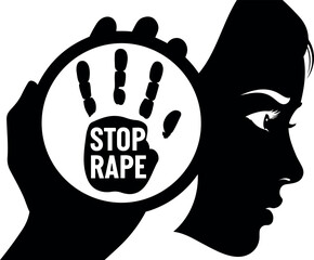 Vector silhouette of a woman's face with a hand displaying stop rape message in a circular frame design