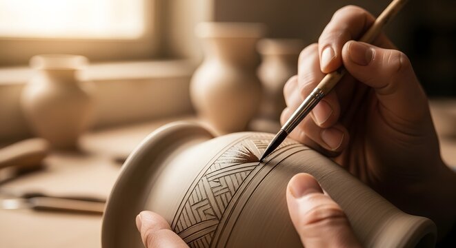 Close-up of hands meticulously decorating a ceramic pot with intricate patterns, showcasing traditional pottery craftsmanship. - Powered by Adobe