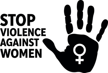 Vector stop violence against women text with a black hand silhouette and female symbol on a transparent background