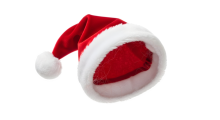 A red and white santa claus hat with a fluffy pompom, isolated on transparent background