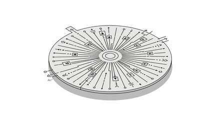 Abstract circular wheel diagram with arrows and symbols, representing data flow, connectivity, and dynamic processes in a modern, clean design style