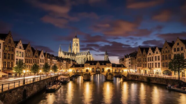 Riverfront scenery in Ghent, Belgium captures urban tranquility concept with serene water views, charming bridges, and global connectivity themes, perfect for using as a background or overlay in.