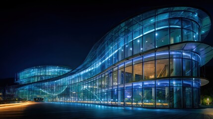 Fototapeta premium Angular layered glass curve wall lit with crisp interior LEDs night scene with rich dynamic range transparent reflections