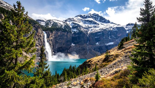 A stunning alpine vista showcasing a waterfall cascading into a pristine turquoise lake surrounded by majestic mountains - Powered by Adobe