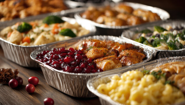 Assorted holiday meals in aluminum containers displayed on dark wooden table present convenient catering option for festive gatherings.