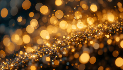 Golden bokeh lights shimmering and sparkling creating a magical and festive background effect