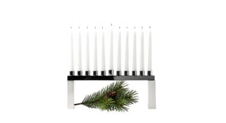 A modern advent candle holder with white candles and a pine branch isolated on transparent background creates a festive atmosphere