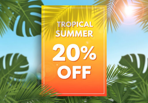 Tropical summer sale advertisement with 20% off discount, featuring palm leaves and a gradient background, perfect for vacation promotions and seasonal offers