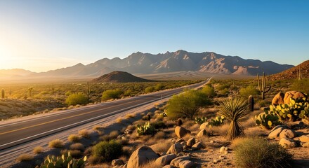 A scenic desert highway stretches towards a distant mountain range under a clear sky at sunrise.