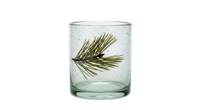 A glass candle holder with a pine branch isolated on transparent background creates a simple and elegant festive decoration