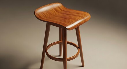 A beautifully crafted wooden bar stool with a curved seat and four legs connected by a circular footrest, presented in a studio setting.