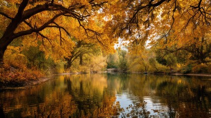 Fototapeta premium Autumn canopy reflected on still pond surface flawless symmetry emphasized by clean framing foreground ripples sharp background softened