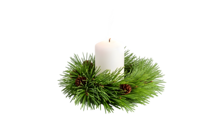 Festive christmas candle with a wreath of pine needles and cones isolated on transparent background, creating a warm and inviting atmosphere