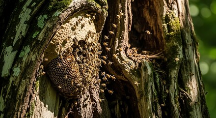 A swarm of bees congregates on the textured bark of an old tree trunk, their collective presence creating a natural spectacle.