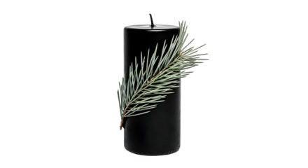 Elegant black christmas candle with a pine branch isolated on transparent background, creating a sophisticated and festive atmosphere