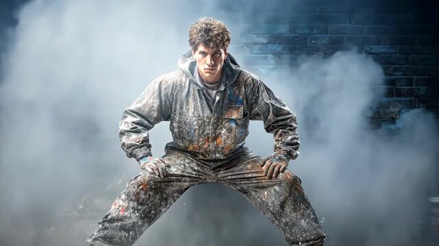 Determined worker in paint-splattered overalls stands amidst smoke, looking intense.