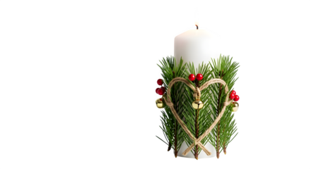 Christmas candle decorated with fir branches and a heart isolated on transparent background to celebrate the holiday season