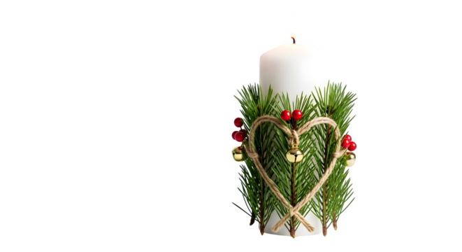 Christmas candle decorated with fir branches and a heart isolated on transparent background to celebrate the holiday season