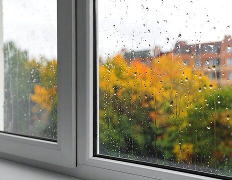 Close-up of raindrops on a window with blurred autumnal background