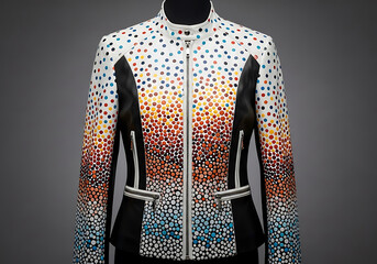 A white leather jacket with a colorful gradient of dots and black accents, displayed on a mannequin against a gray background