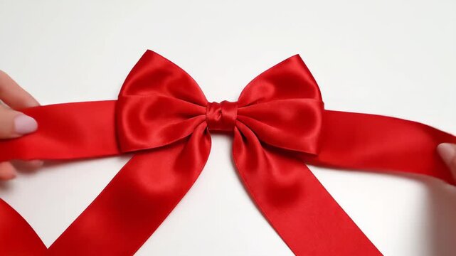 Red satin bow being tied by hands on white background for Christmas  