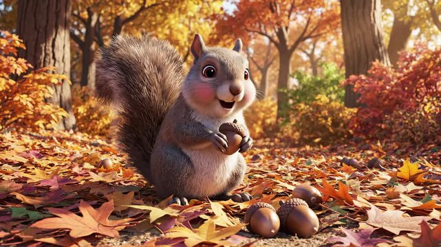 Animated squirrel gathering acorns in autumn forest sunlight
