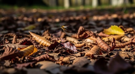 Autumn leaves carpet the ground in a close-up shot, showcasing the textures and colors of fallen foliage.