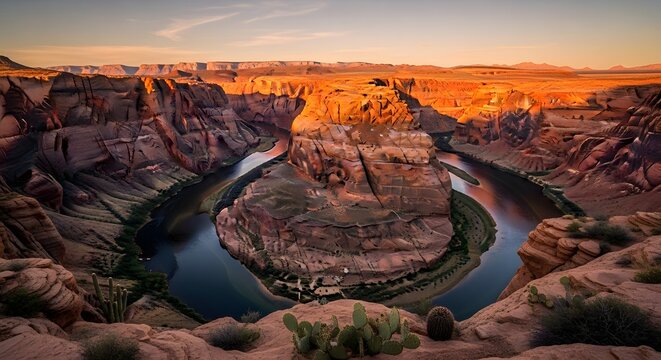 Panoramic view of Horseshoe Bend at sunset, showcasing the dramatic U-shaped meander of the Colorado River winding through the vibrant red rock canyon landscape.