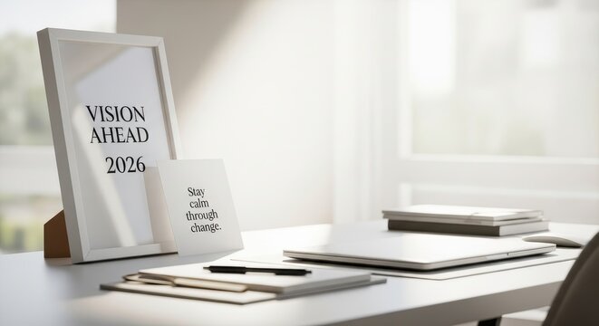 A minimalist white workspace with laptop and stationary in soft sunlight