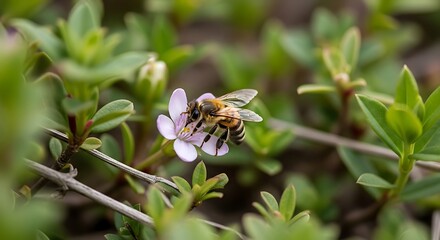 Bee collecting nectar from a small pink flower in a garden.