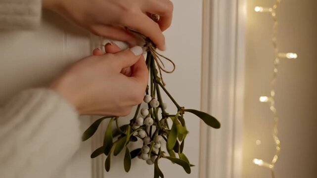 Hands hanging mistletoe with ribbon by door during Christmas season  