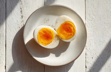 Two halves of a soft boiled egg on a white plate with sunlight shadows