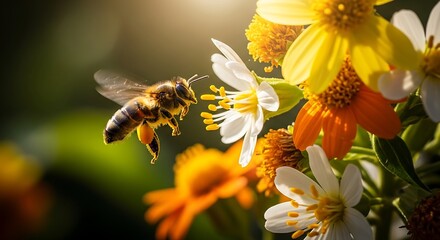 A bee collecting nectar from a flower in flight.