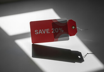 A red retail tag with the text save 20% is displayed prominently, casting a shadow on a reflective surface, suggesting a sale or discount offer