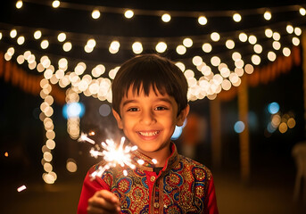 A smiling young boy holding a sparkler at night, surrounded by festive lights, celebrating a joyful occasion like diwali or a birthday