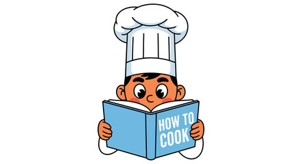 Boy chef reading a cookbook isolated on transparent background