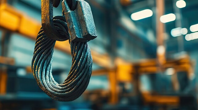 Industrial hook lifting equipment with steel cable in warehouse setting showcasing professional engineering and heavy-duty materials for construction projects