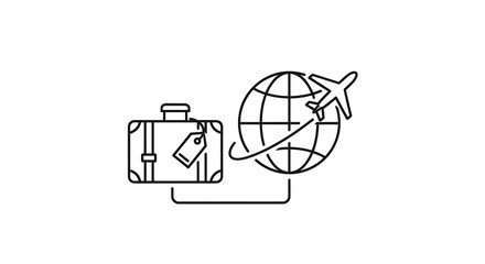Travel suitcase and globe with airplane icon, symbolizing global travel and tourism, isolated on white background