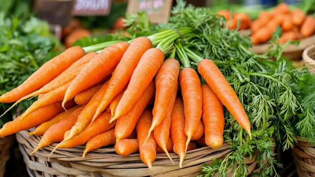 Fresh carrots with green tops in a woven basket at a farmer's market.