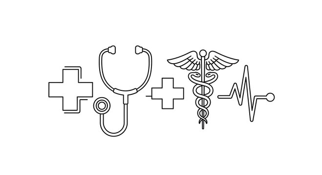 Collection of medical symbols including a stethoscope, caduceus, heartbeat line, and cross icons, representing healthcare and medicine, isolated on white background