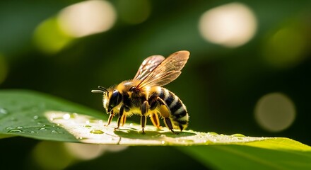 Close up of a bee on a leaf with water droplets.